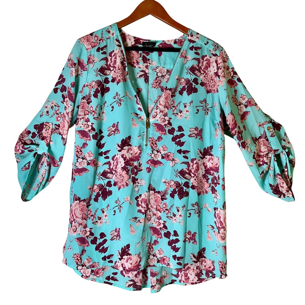 rue21 Wmns XL Teal Floral Half Zip Roll Tab Sleeve Blouse Tunic Top Cottagecore